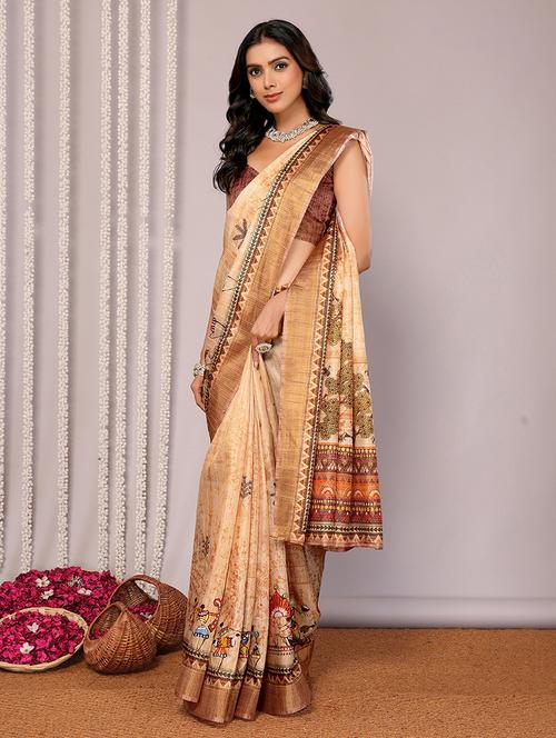 women beige warli printed saree with blouse - 21678898 -  Standard Image - 0