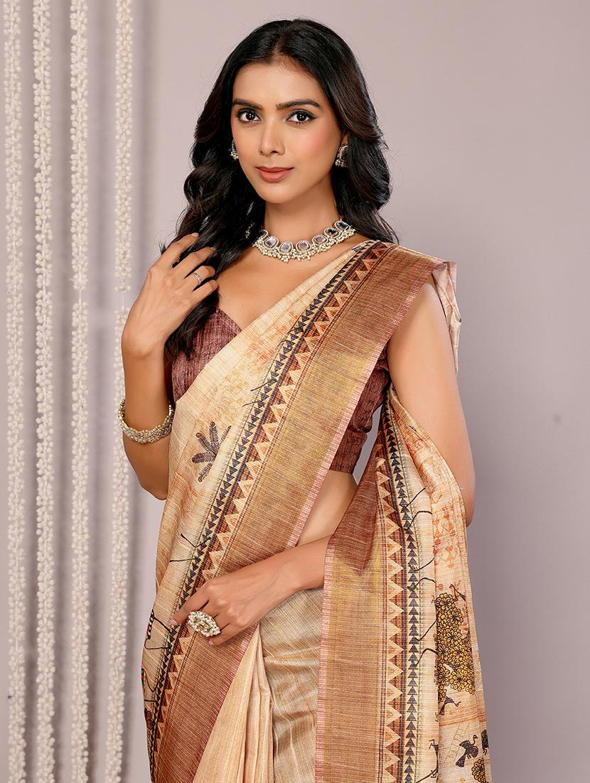 women beige warli printed saree with blouse - 21678898 - Standard Image - 5