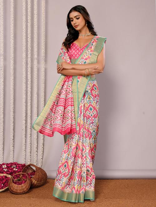 women ikat printed saree with blouse - 21678915 -  Standard Image - 0