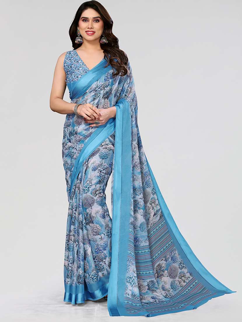 women light blue floral printed saree with blouse