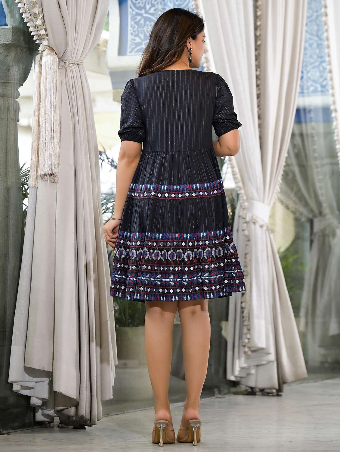 women navy blue printed flared ethnic dress - 21679158 -  Standard Image - 3
