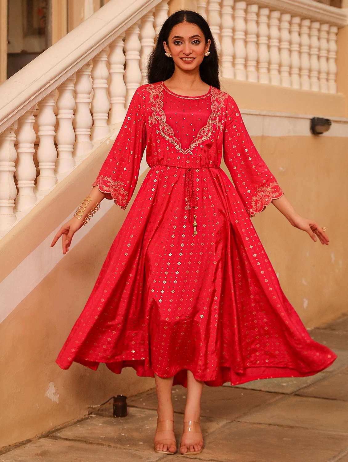 women red gold print round nenck ethnic dress