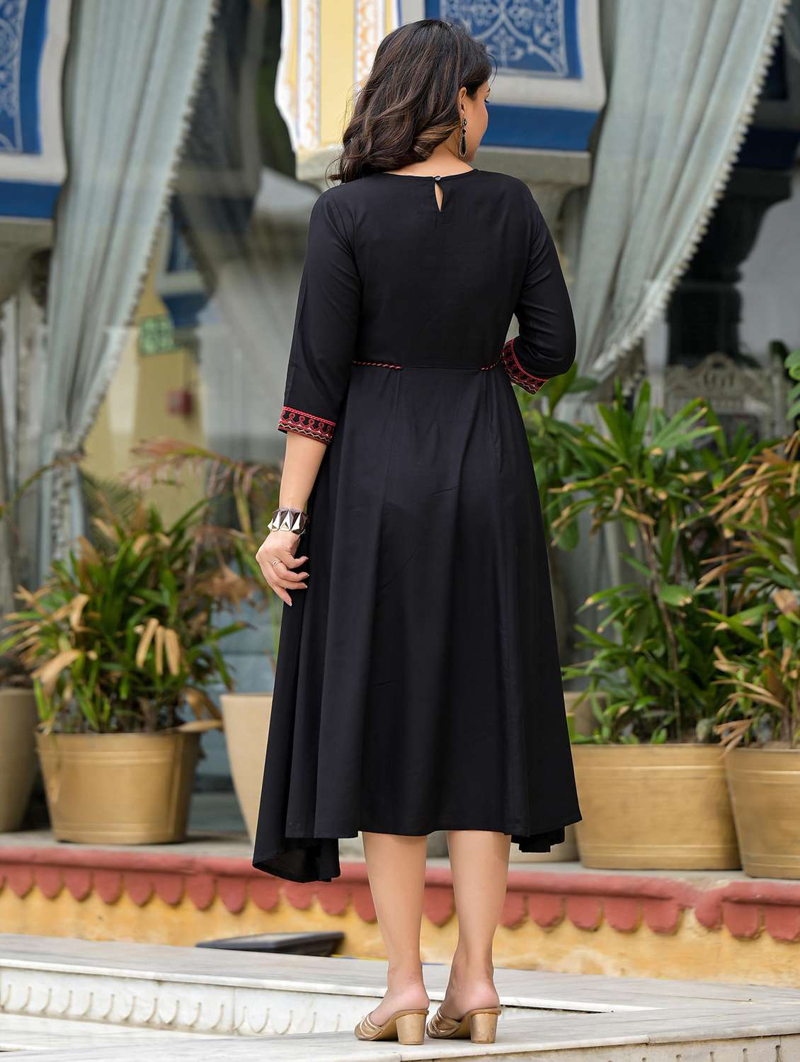 women black embroidered round neck flared dress - 21679163 - Standard Image - 3