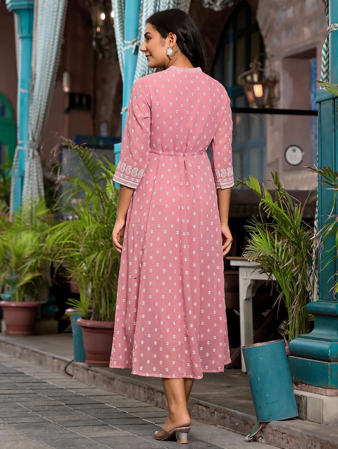 women printed mandarin neck a-line ethnic dress - 21679164 -  Standard Image - 3