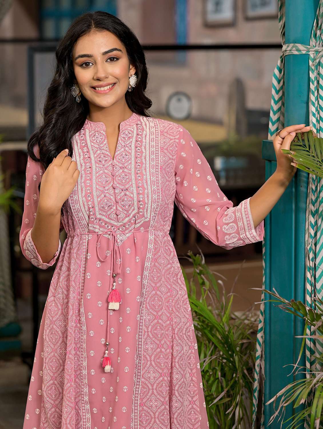 women printed mandarin neck a-line ethnic dress - 21679164 -  Standard Image - 5