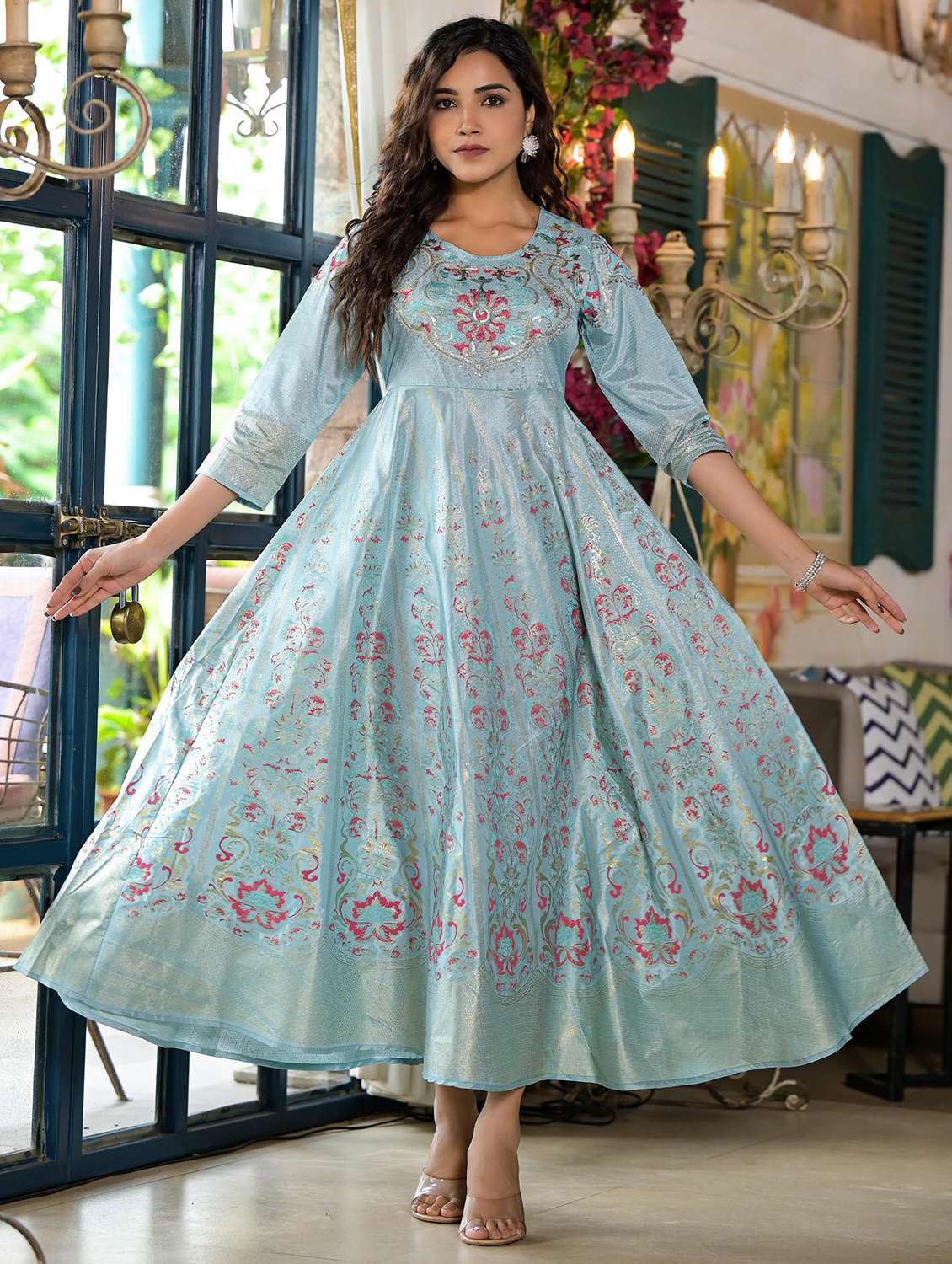women light blue embellished flared ethnic dress