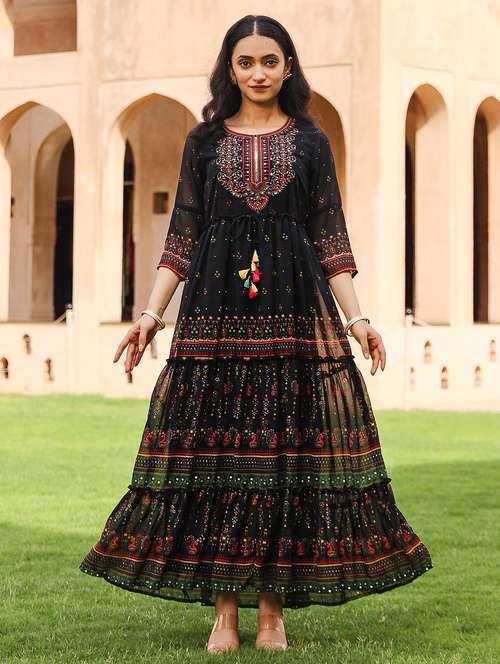 women black embroidered tiered ethnic dress - 21679168 -  Standard Image - 0