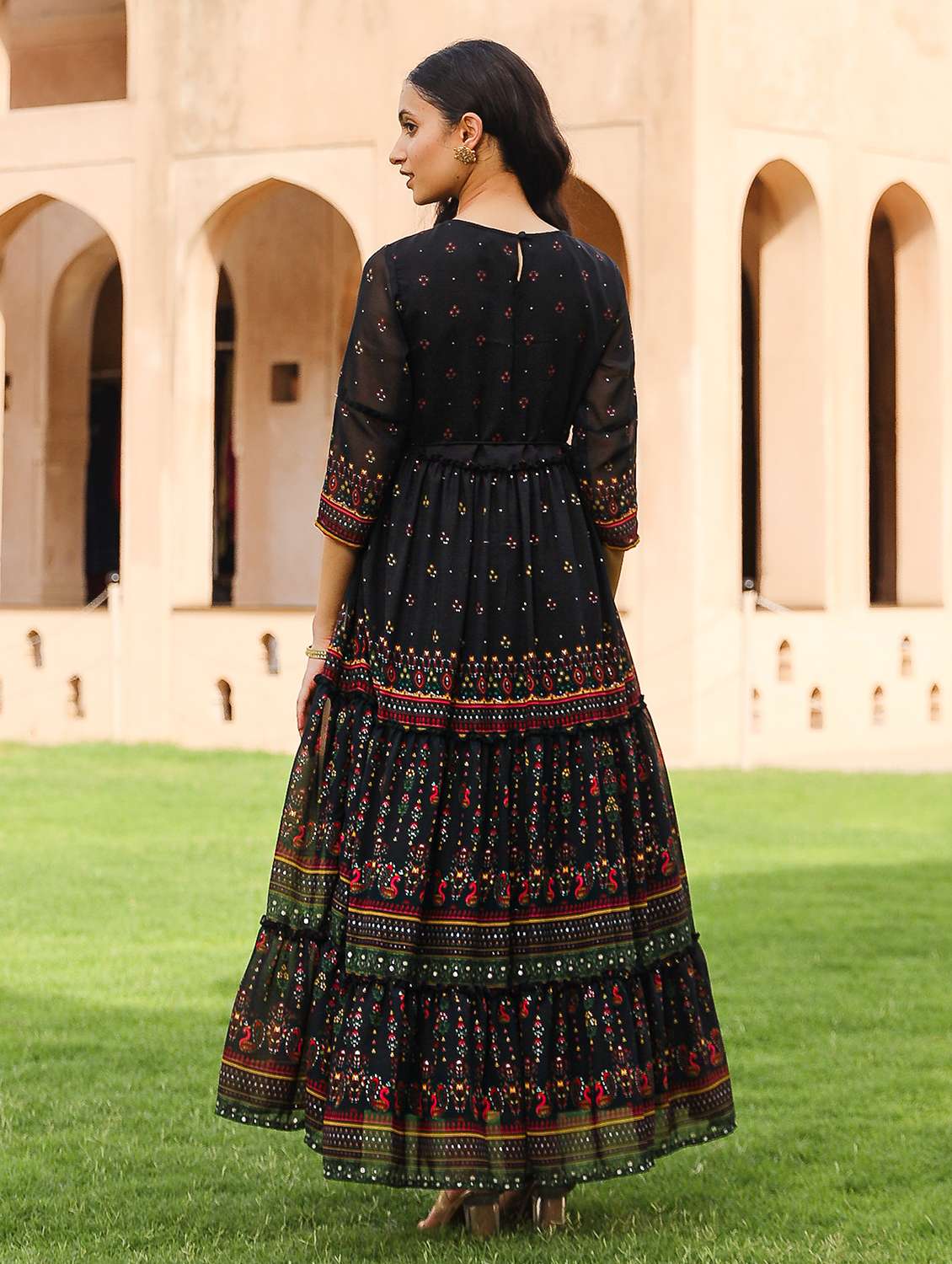 women black embroidered tiered ethnic dress - 21679168 - Standard Image - 3