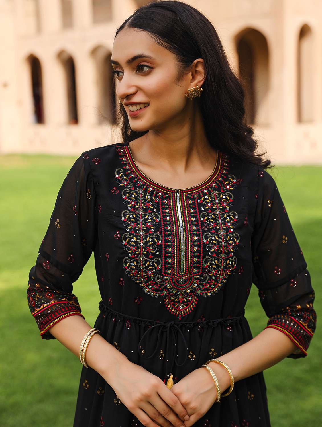 women black embroidered tiered ethnic dress - 21679168 - Standard Image - 5