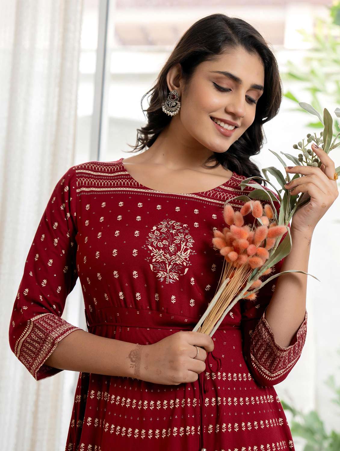 women maroon printed round neck flared dress - 21679174 -  Standard Image - 3