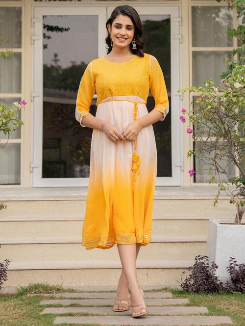women yellow ombre round neck fit & flare dress - 21679180 -  Standard Image - 0