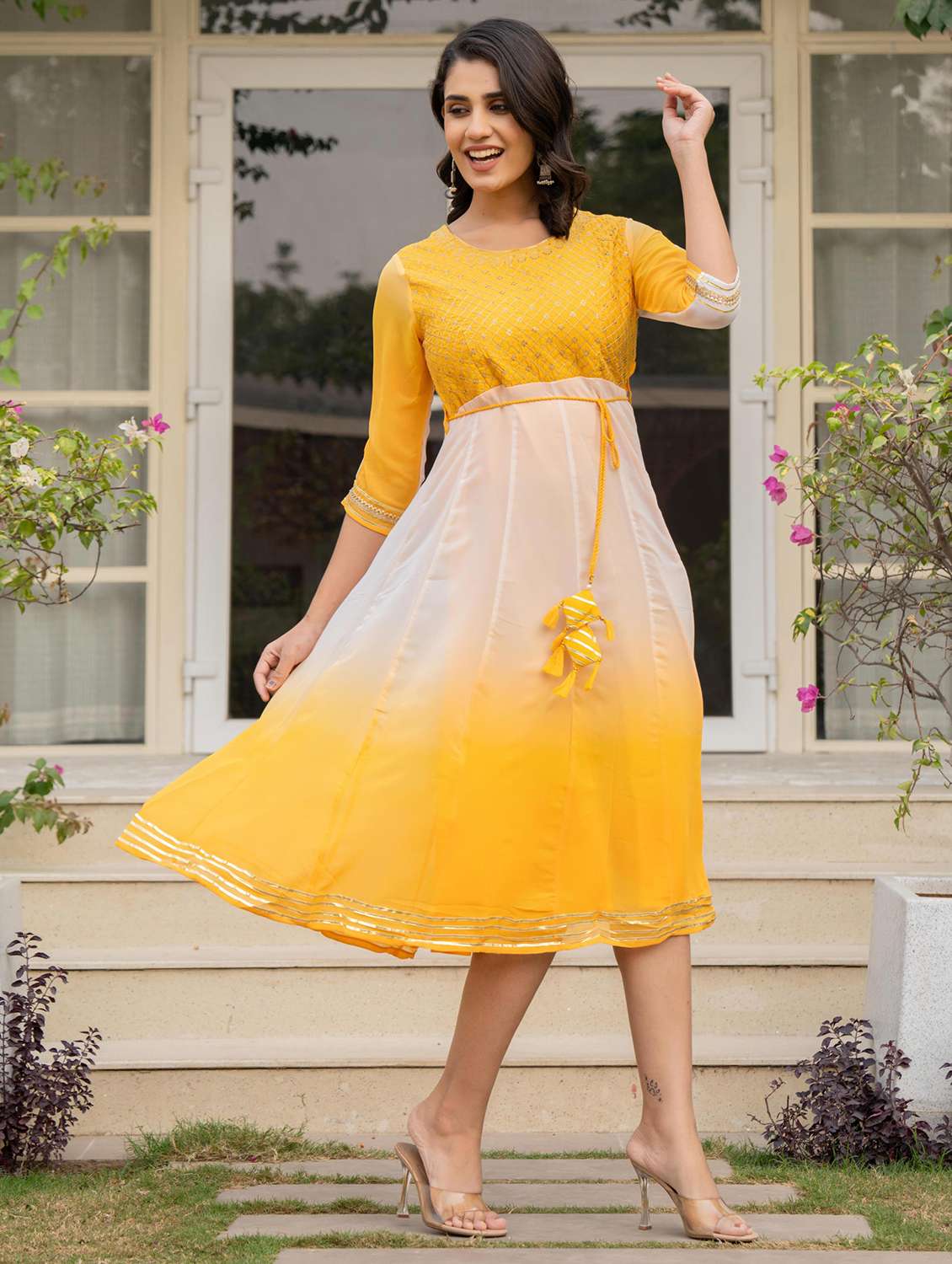 women yellow ombre round neck fit & flare dress - 21679180 - Standard Image - 3