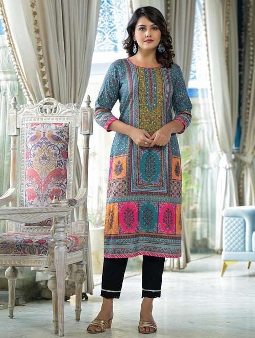 women printed round neck straight kurta - 21679204 -  Standard Image - 0