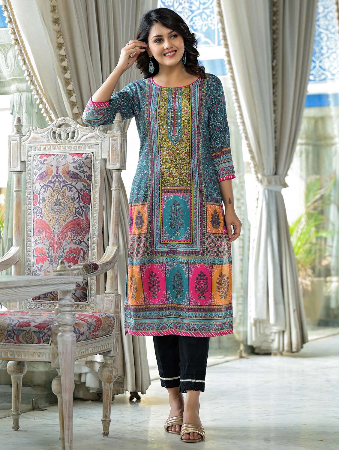 women printed round neck straight kurta - 21679204 -  Standard Image - 3