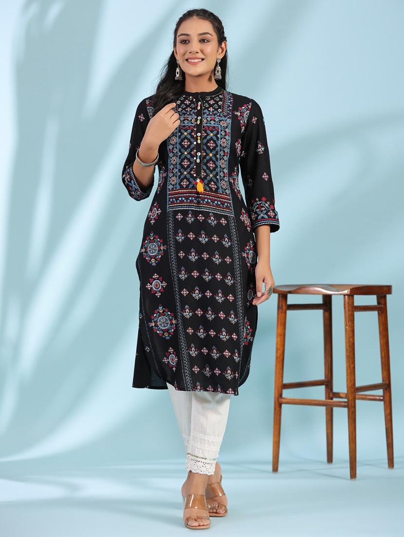 women black printed mandarin neck straight kurta - 21679225 - Standard Image - 3