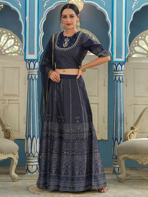women navy blue printed stitched lehenga choli with dupatta