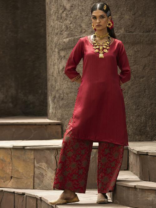 women maroon solid round neck kurta palazzo set - 21679276 - Standard Image - 0