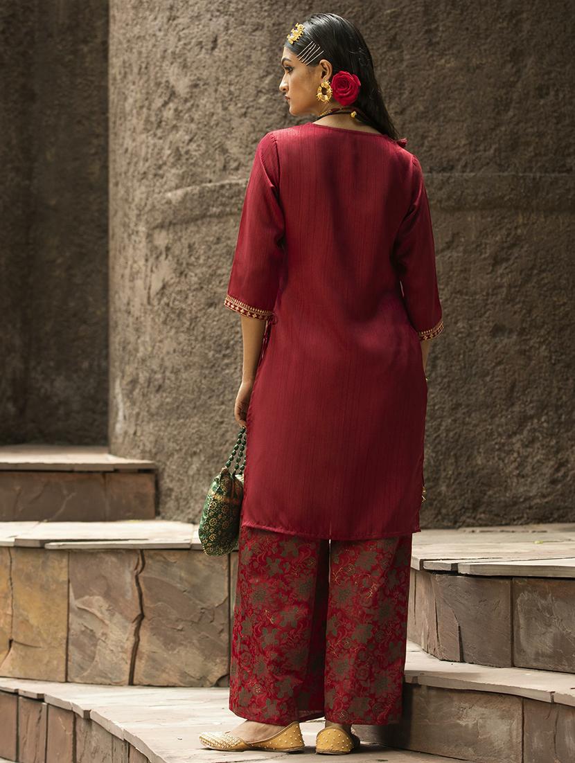 women maroon solid round neck kurta palazzo set - 21679276 - Standard Image - 3