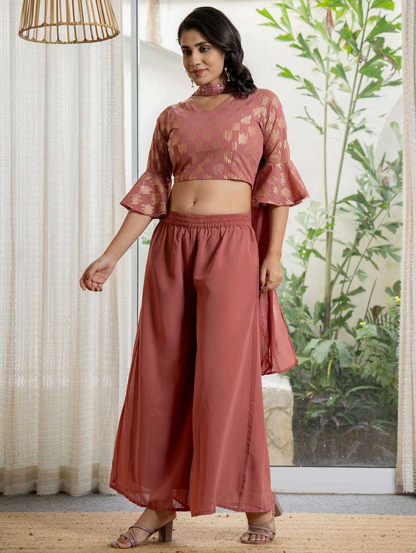 women peach sequin work v neck fusion set