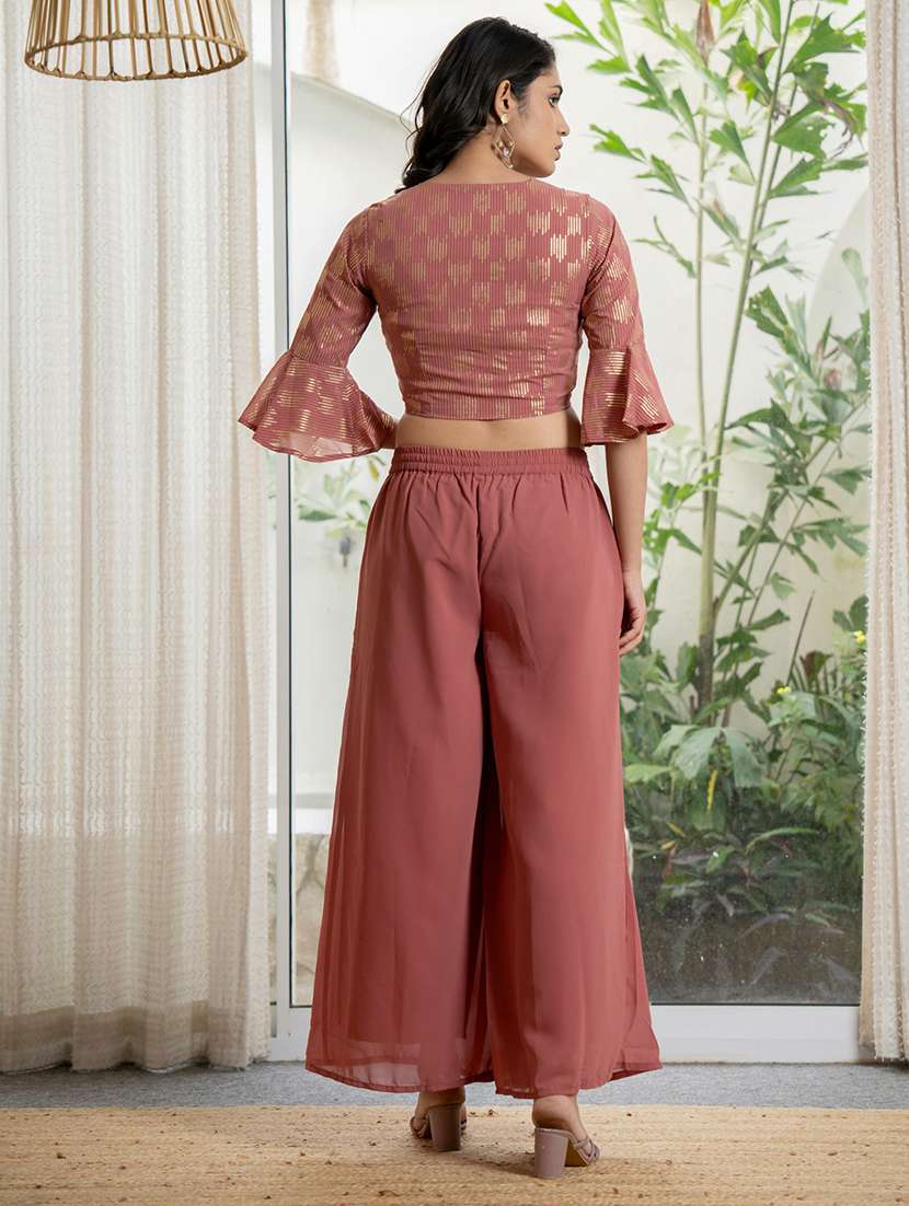 women peach sequin work v neck fusion set - 21679283 - Standard Image - 3