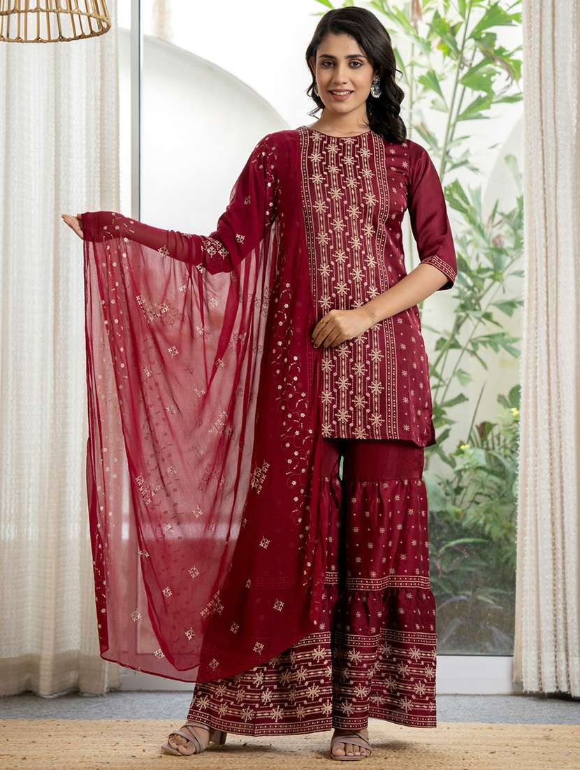 women embroidered kurta sharara set with dupatta