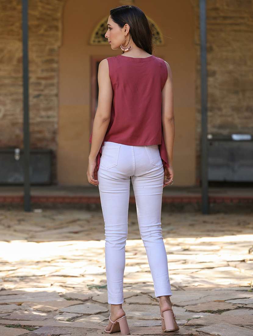 women mirror work round neck asymmetric top - 21679295 -  Standard Image - 3