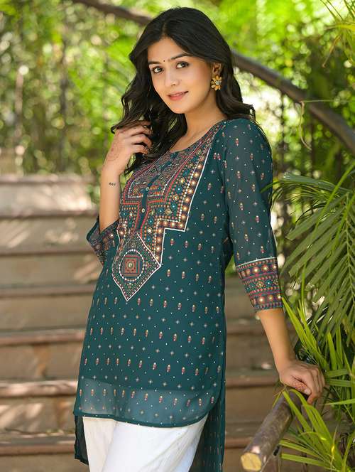 women green printed round neck high-low kurti - 21679306 - Standard Image - 0
