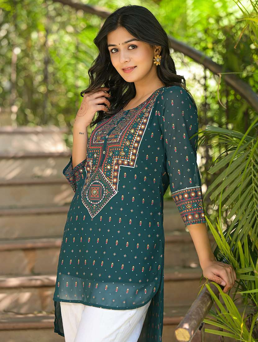 women green printed round neck high-low kurti