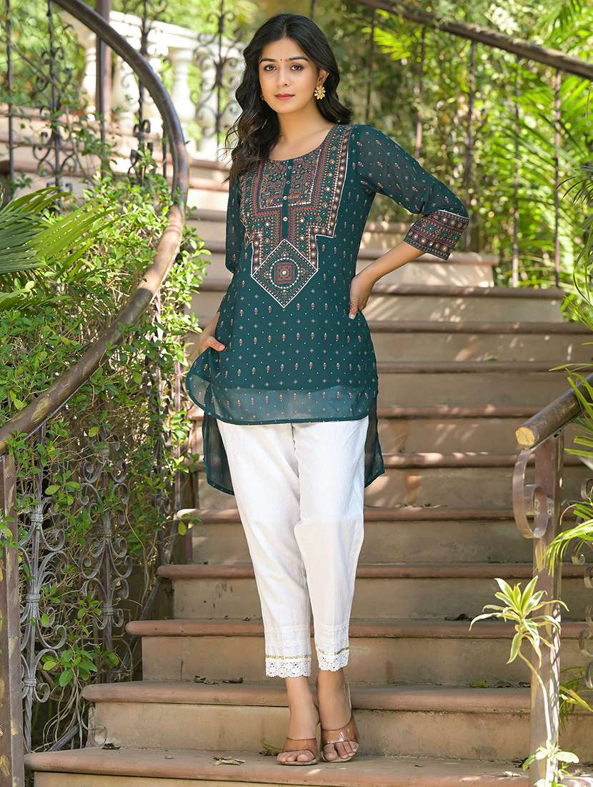 women green printed round neck high-low kurti - 21679306 - Standard Image - 3