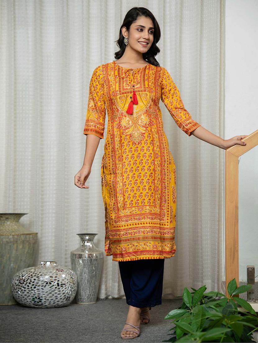 women printed tie-up neck straight kurta - 21679315 -  Zoom Image - 0
