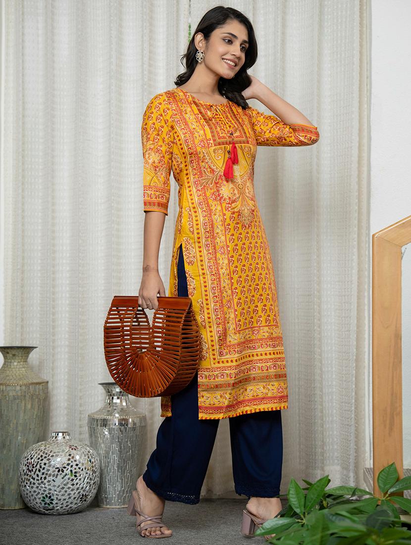 women printed tie-up neck straight kurta - 21679315 - Standard Image - 3