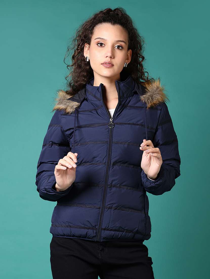 women solid hooded puffer jacket