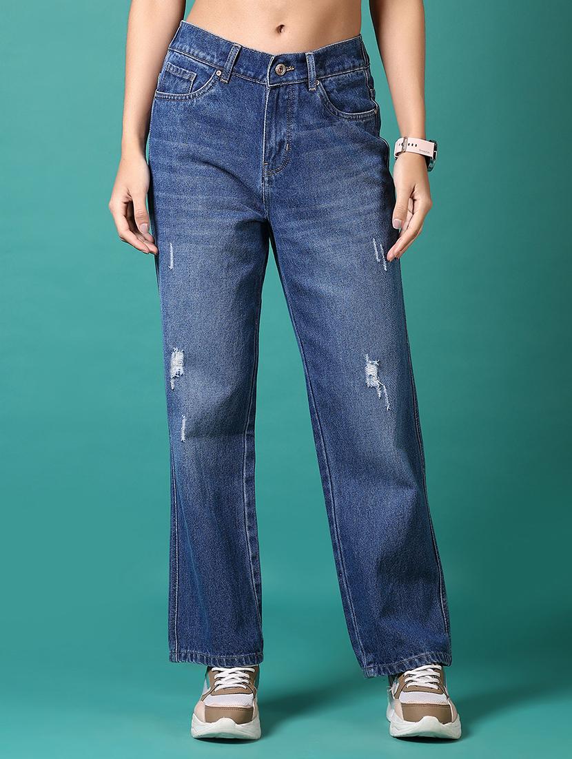 women solid high rise straight fit jeans