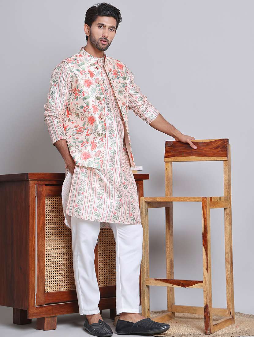 men floral printed mandarin neck kurta jacket set