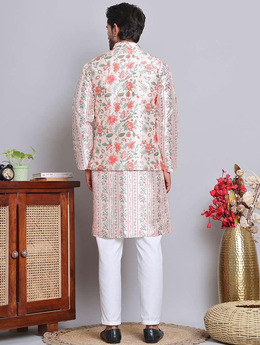 men floral printed mandarin neck kurta jacket set - 21679973 -  Standard Image - 3