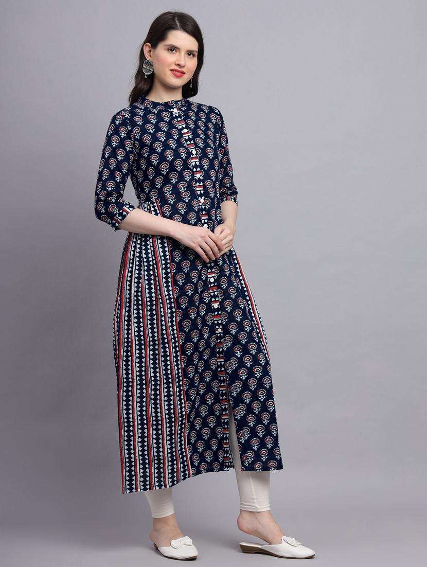 women navy blue printed three quarter sleeve a-line kurta - 21680171 -  Standard Image - 3