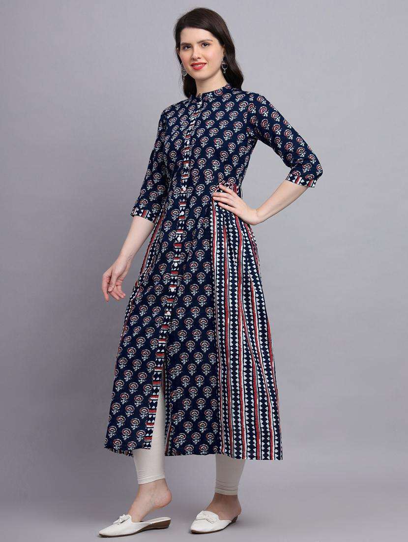 women navy blue printed three quarter sleeve a-line kurta - 21680171 -  Standard Image - 5