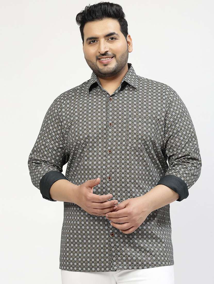 men plus size printed collared long sleeves shirt