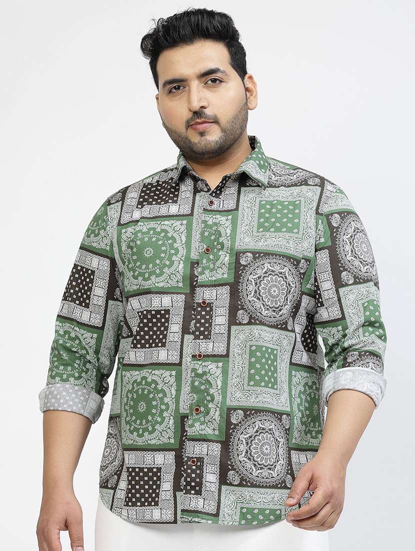 men plus size printed collared long sleeves shirt