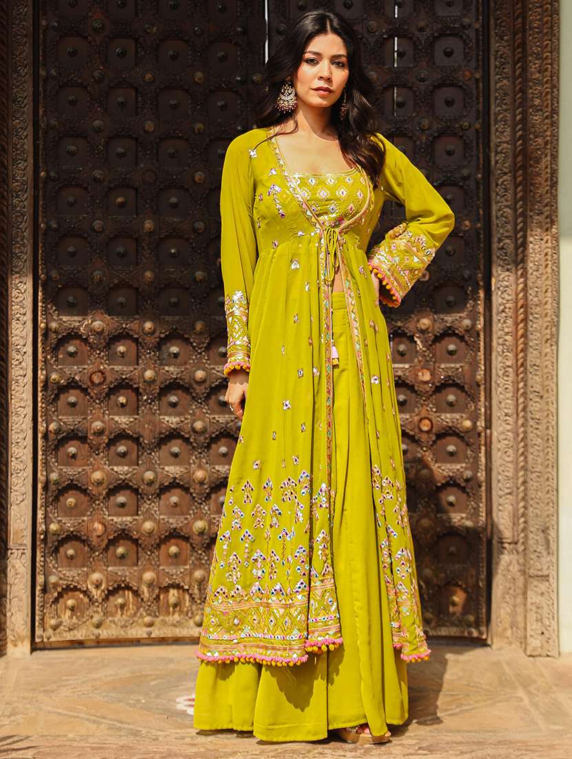 women lime sequin work long sleeve fusion set