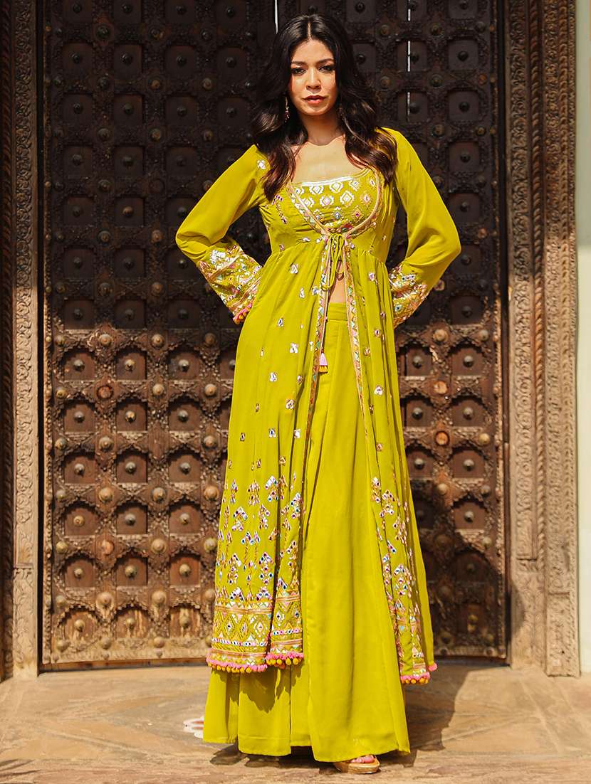 women lime sequin work long sleeve fusion set - 21680520 -  Standard Image - 3