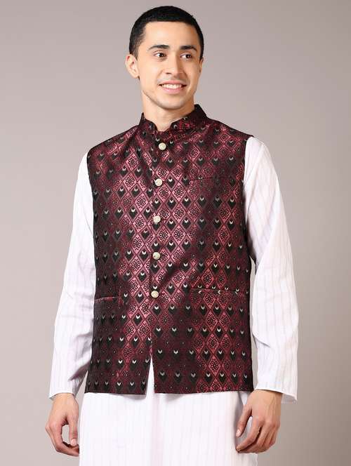 men self designed mandarin neck nehru jacket - 21681064 -  Standard Image - 0