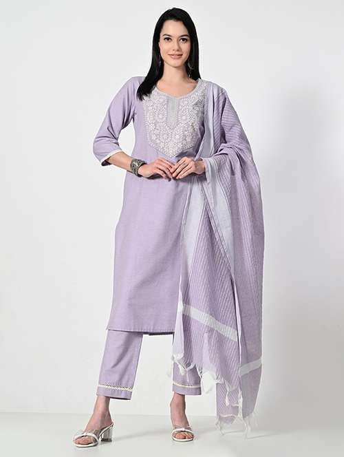 women three quarter sleeve kurta pant with dupatta set - 21681192 -  Standard Image - 0