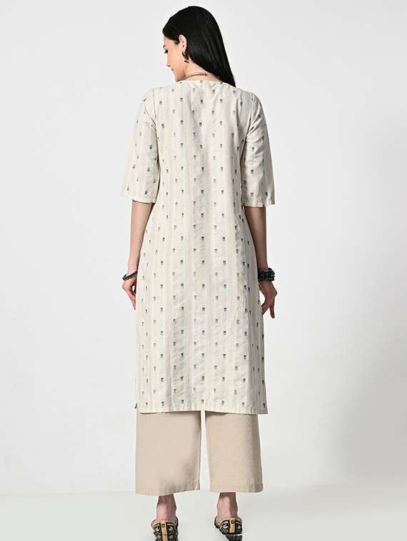 women cream three quarter sleeve straight kurta - 21681366 -  Standard Image - 3