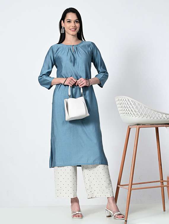women solid three quarter sleeve straight kurta
