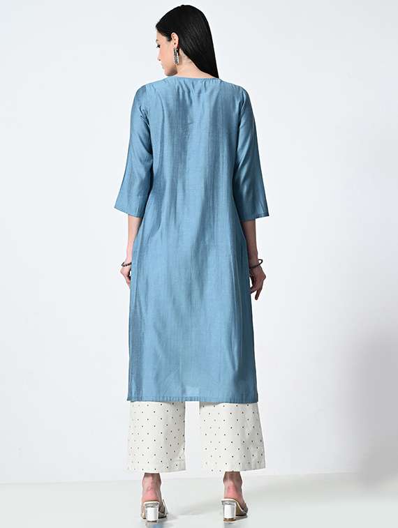 women solid three quarter sleeve straight kurta - 21681369 -  Standard Image - 3