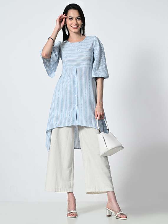 womne light blue striped asymmetric kurta
