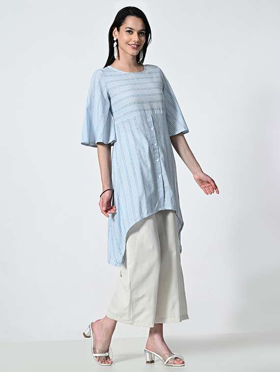 womne light blue striped asymmetric kurta - 21681370 -  Standard Image - 3