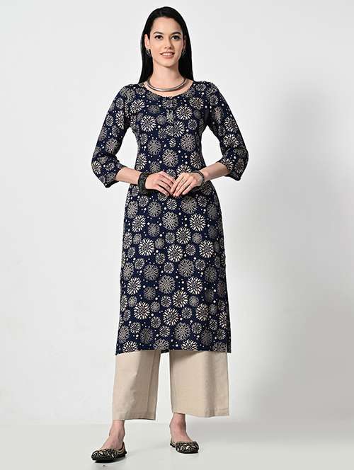 women navy blue three quarter sleeve straight kurta - 21681373 -  Standard Image - 0