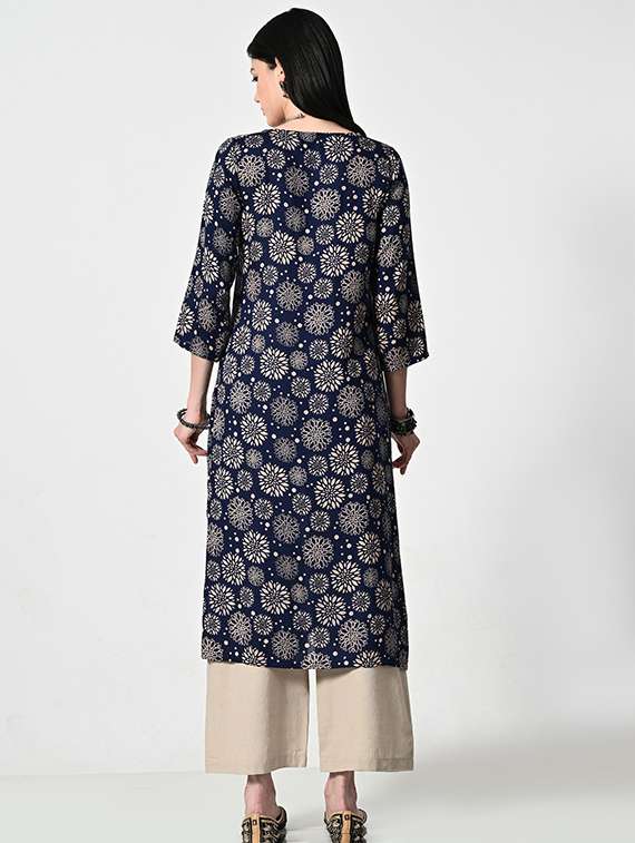 women navy blue three quarter sleeve straight kurta - 21681373 -  Standard Image - 3